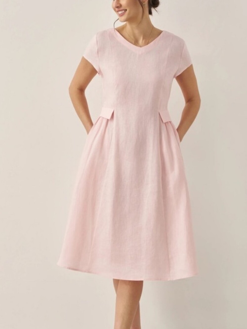 NWT LINTICO Alexa Linen Dress Natural Summer V-Neck Dusty Rose